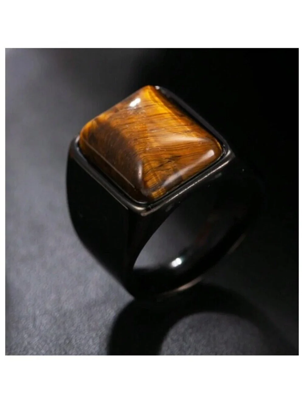 Brown tiger's eye - Ring - black stainless steel - Size 9